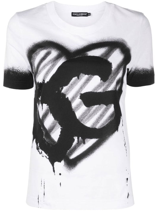 White Heart Logo Print Cotton T-shirt