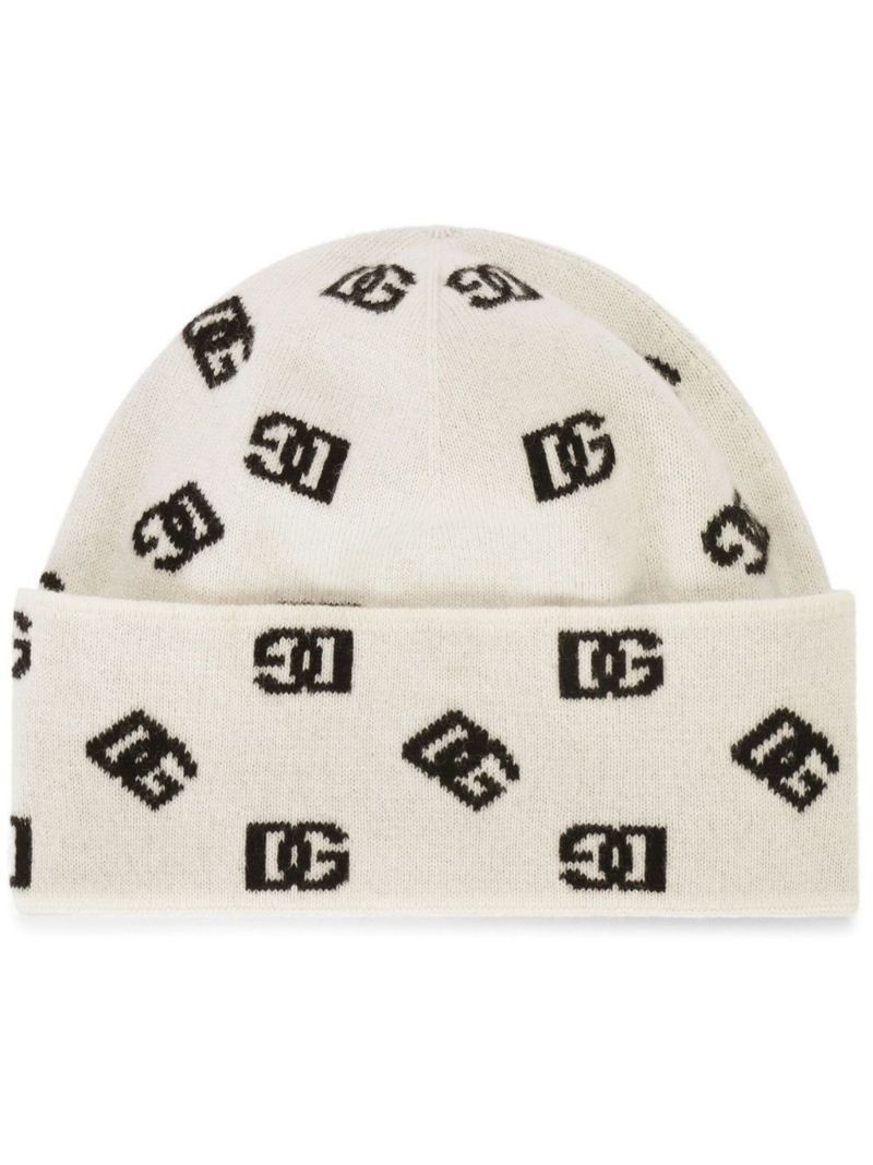 White Logo Intarsia Beanie Hat