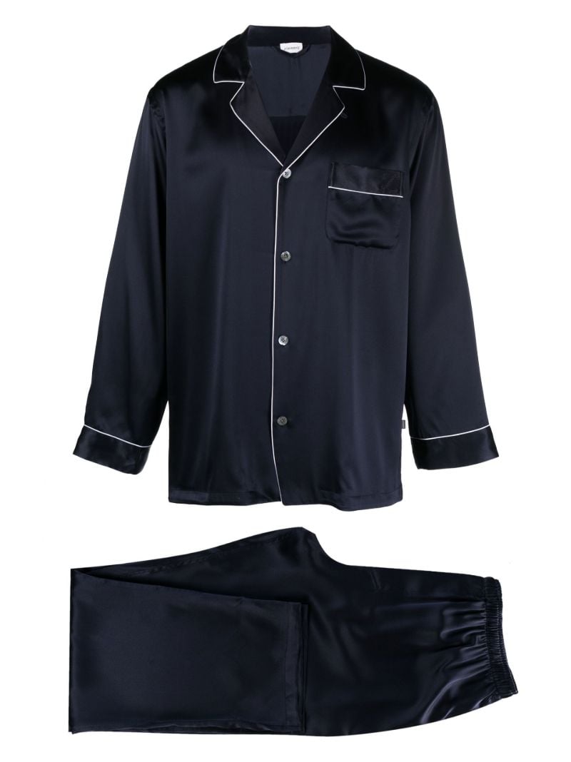 Blue Piped Trim Silk Pyjama Set