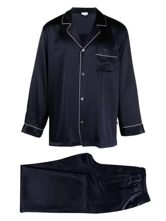 Blue Piped Trim Silk Pyjama Set
