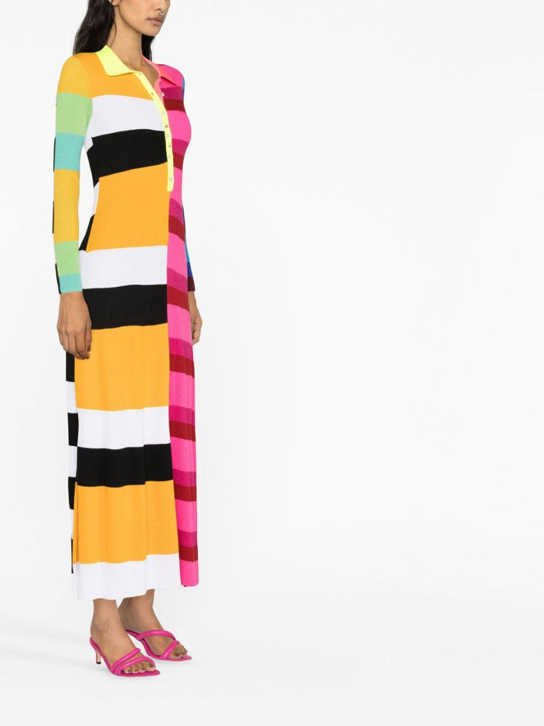 Pink Striped Knitted Polo Midi Dress