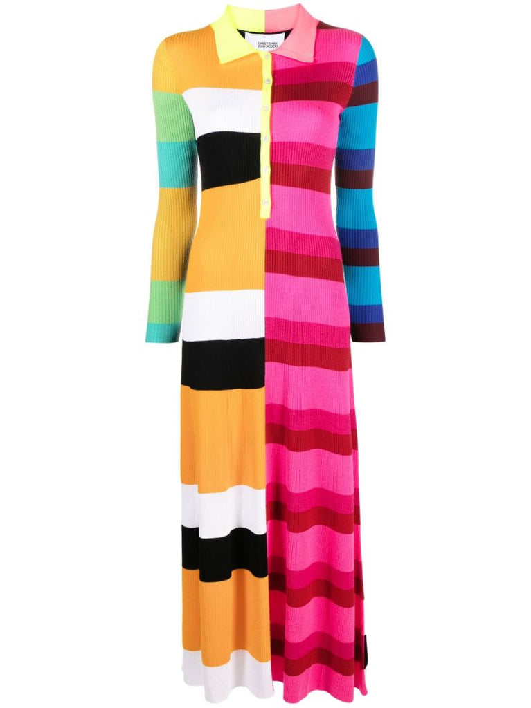 Pink Striped Knitted Polo Midi Dress