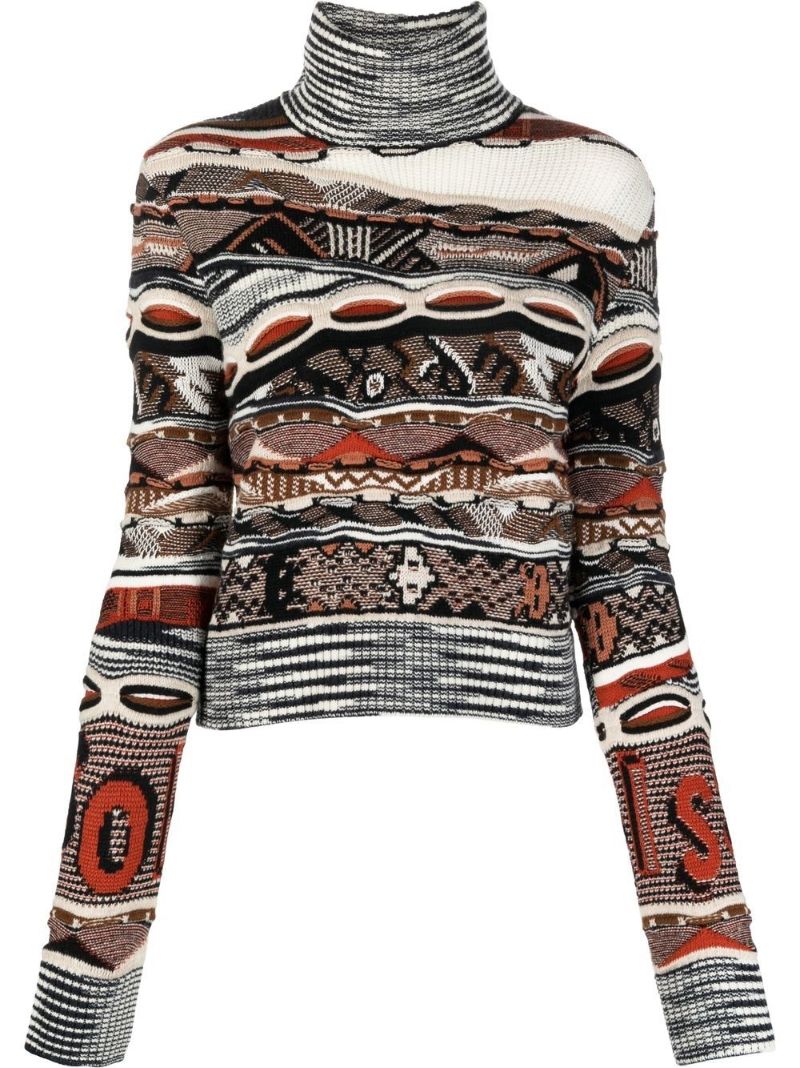 Brown Roll Neck Jacquard Sweater