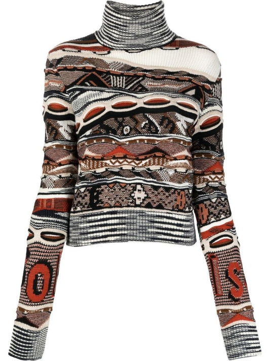 Brown Roll Neck Jacquard Sweater