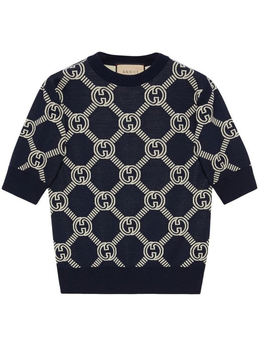 Navy Reversible Gg Jacquard Wool Sweater
