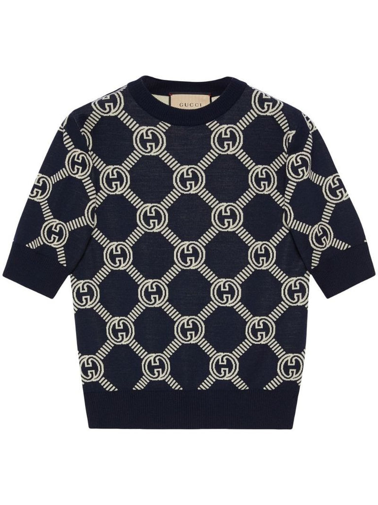Navy Reversible Gg Jacquard Wool Sweater