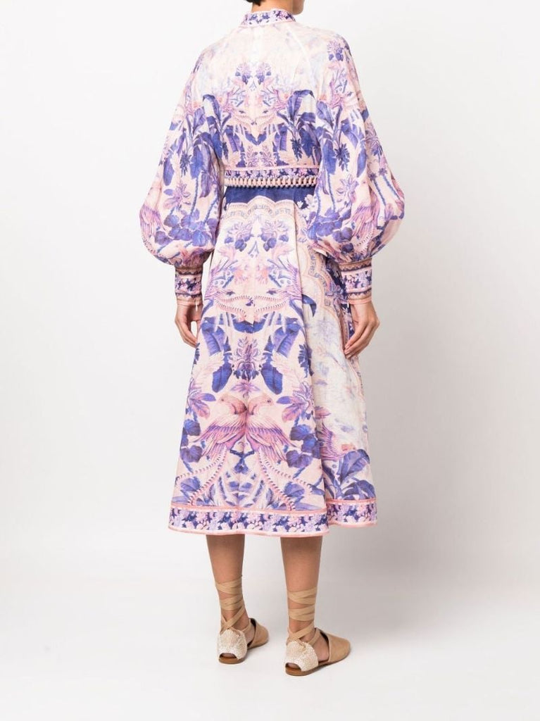 Purple Lyre Billow Sleeve Linen Midi Dress
