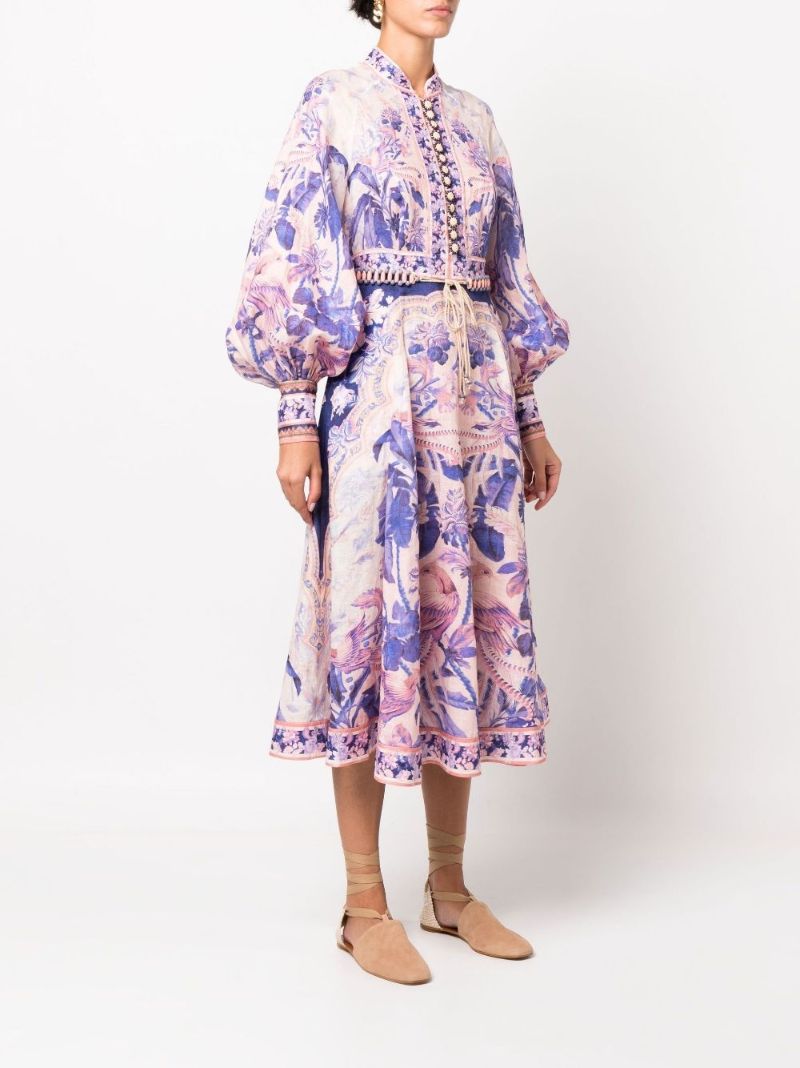 Purple Lyre Billow Sleeve Linen Midi Dress