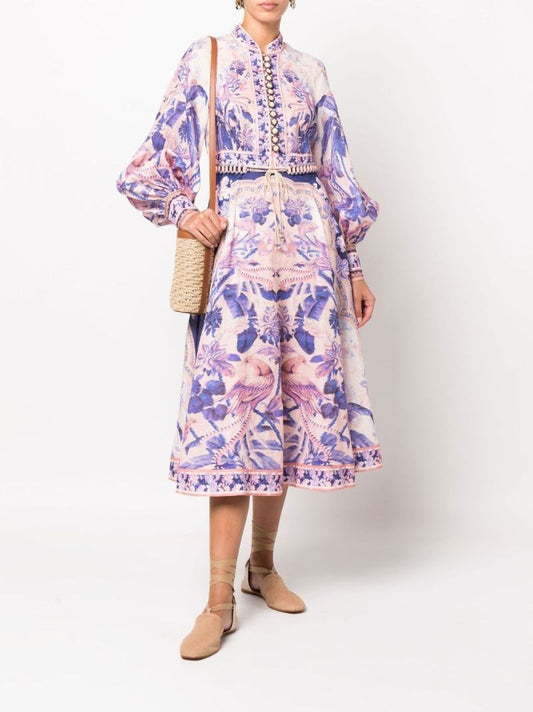 Purple Lyre Billow Sleeve Linen Midi Dress