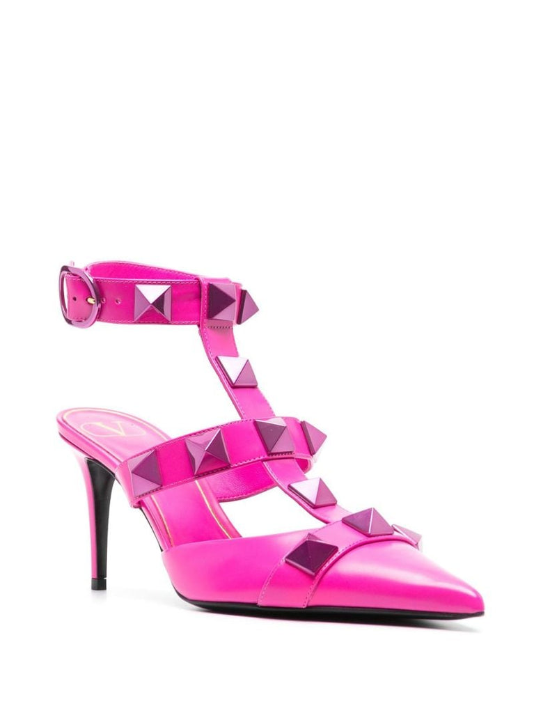 Pink Rockstud 80 Ankle Strap Leather Pumps