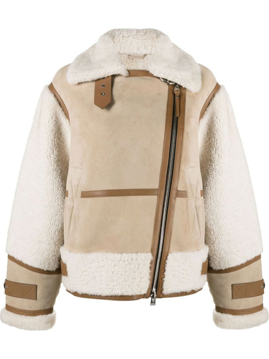 Neutral Celeste Shearling Leather Biker Jacket