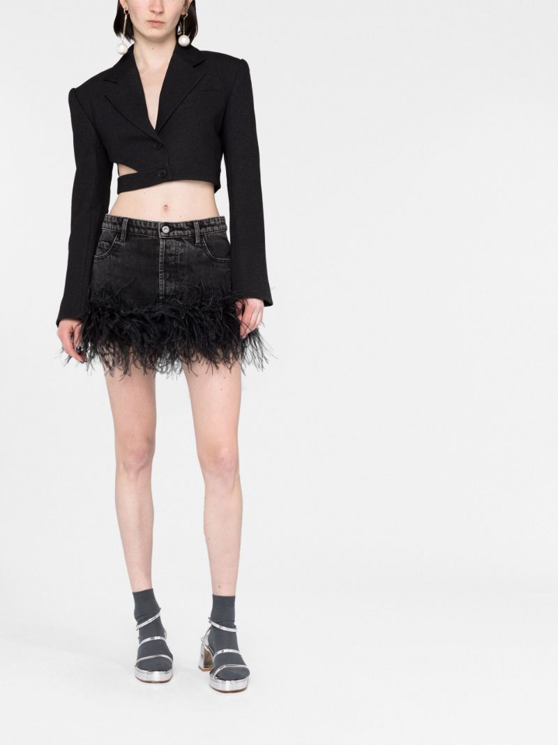 Black Feather-trim Denim Mini Skirt