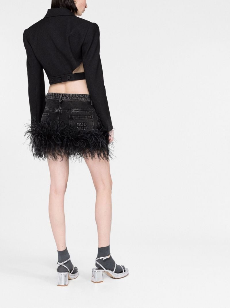 Black Feather-trim Denim Mini Skirt