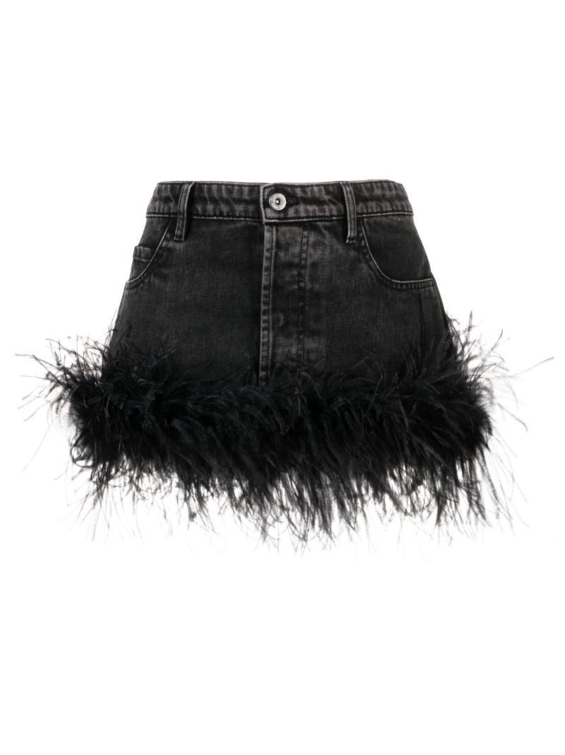 Black Feather-trim Denim Mini Skirt