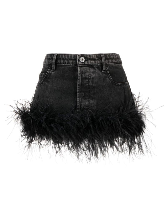 Black Feather-trim Denim Mini Skirt