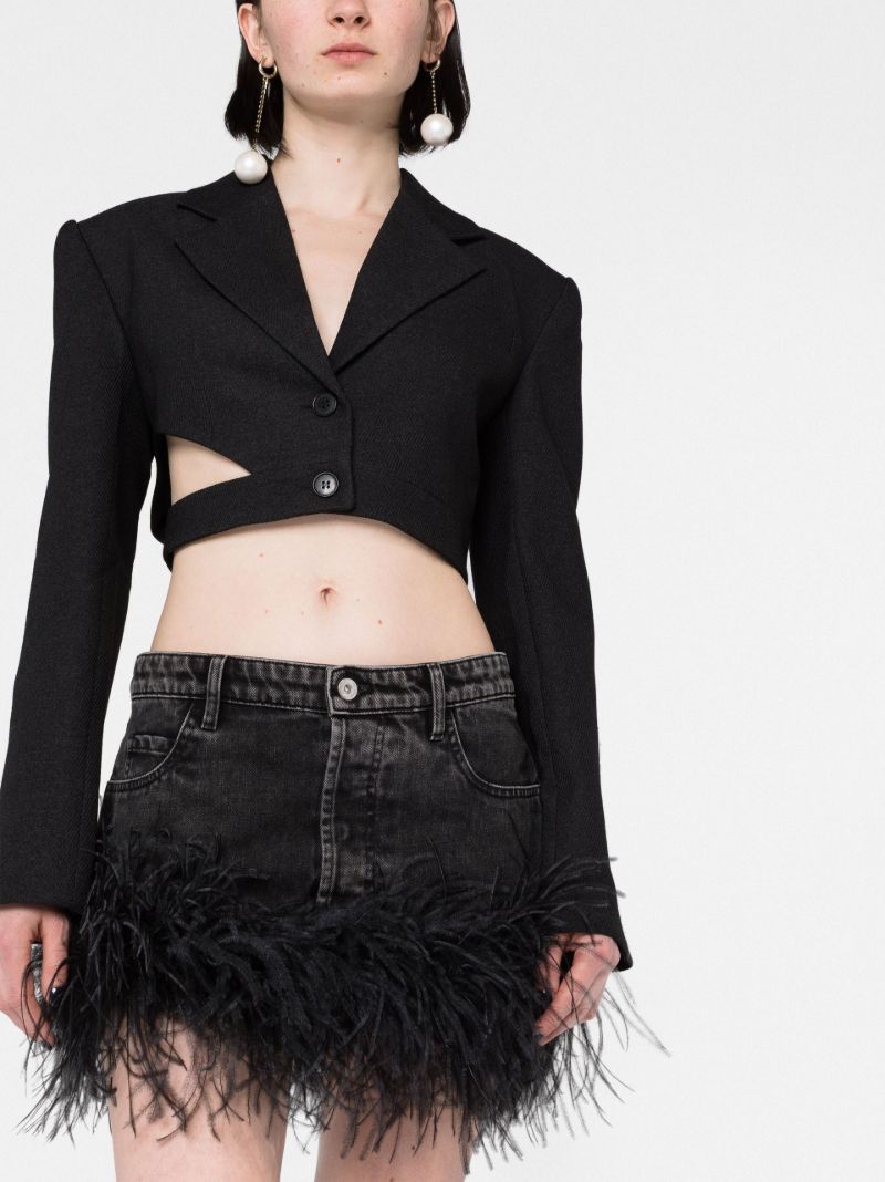 Black Feather-trim Denim Mini Skirt