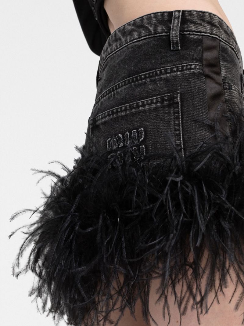 Black Feather-trim Denim Mini Skirt