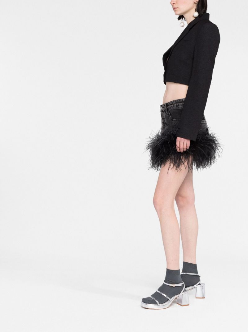 Black Feather-trim Denim Mini Skirt