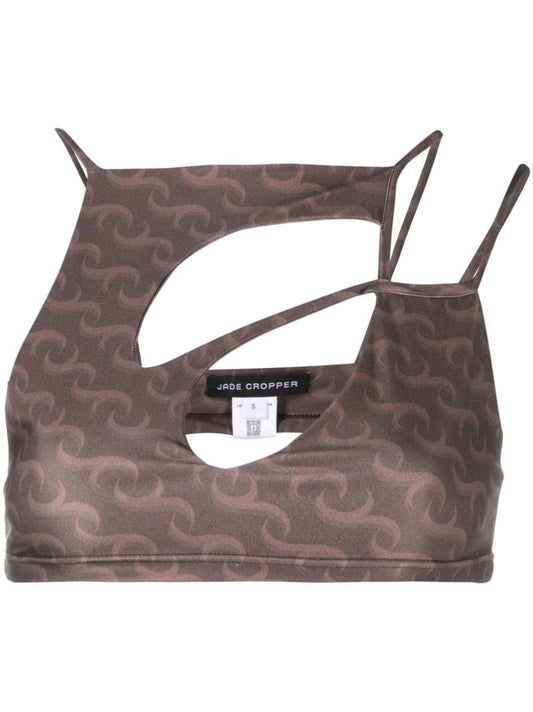 Brown Asymmetric Printed Crop Top