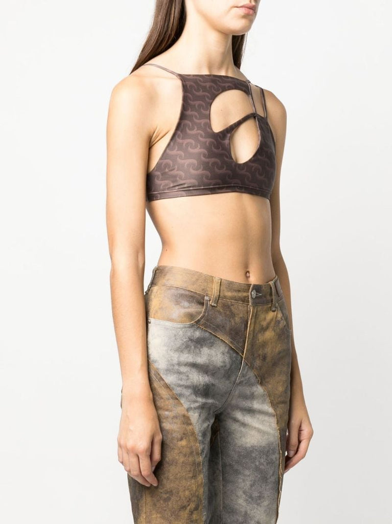 Brown Asymmetric Printed Crop Top