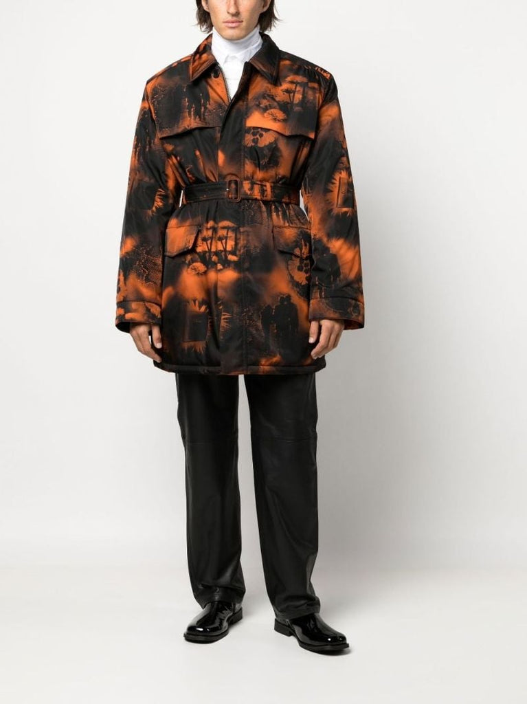 Orange and Black Re-nylon Printed Parka Coat