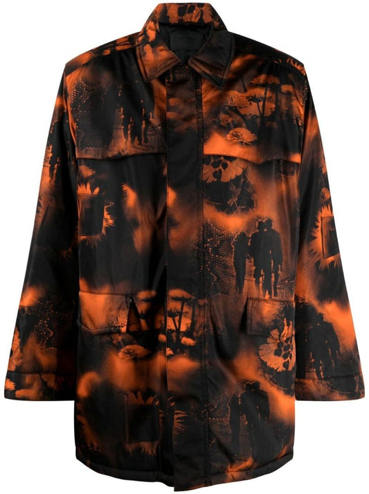 Orange and Black Re-nylon Printed Parka Coat