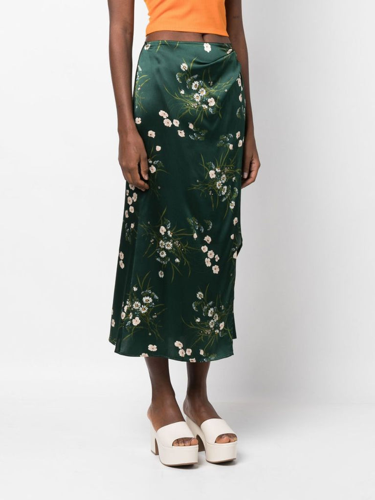 Green Sabine Floral Print Silk Midi Skirt