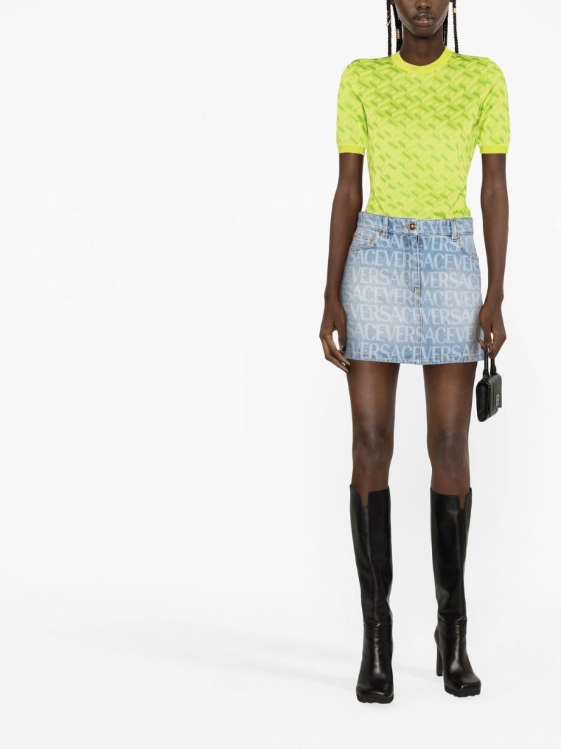 Blue Logo Print Denim Mini Skirt