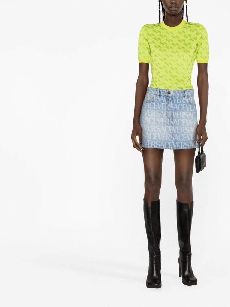 Blue Logo Print Denim Mini Skirt