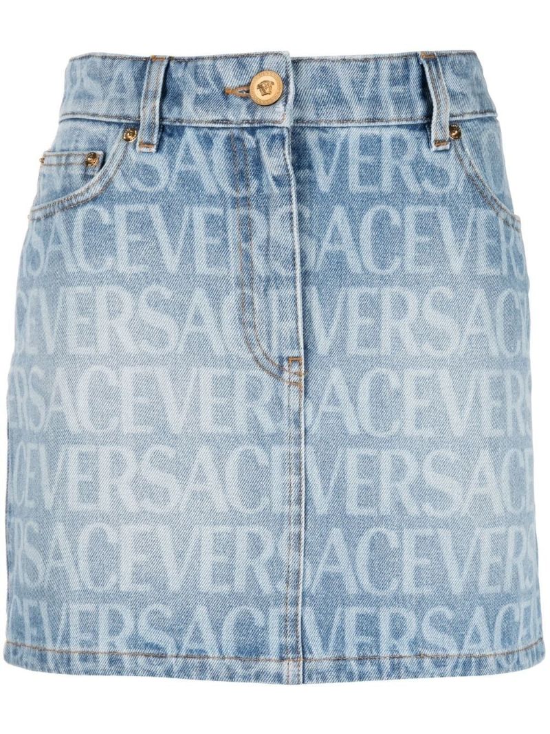 Blue Logo Print Denim Mini Skirt