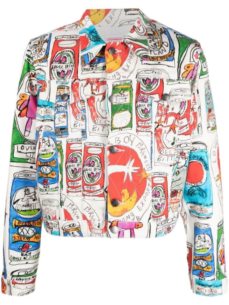 White Cartoon Print Denim Jacket
