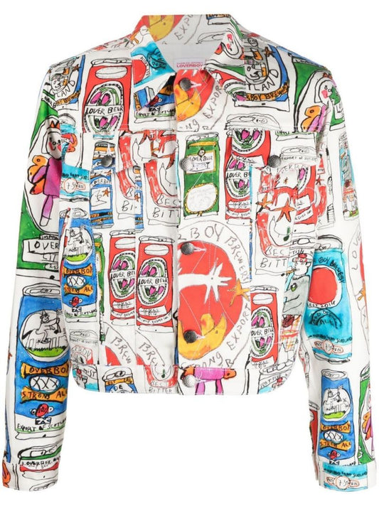 White Cartoon Print Denim Jacket