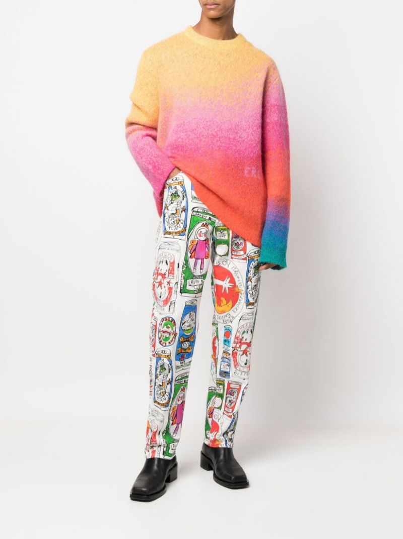 White Cartoon Print Wide-leg Jeans