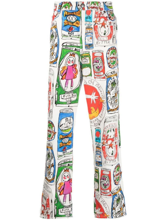 White Cartoon Print Wide-leg Jeans