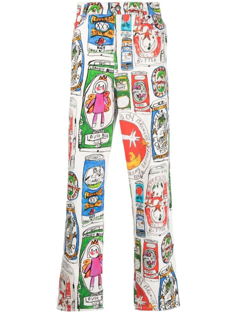White Cartoon Print Wide-leg Jeans