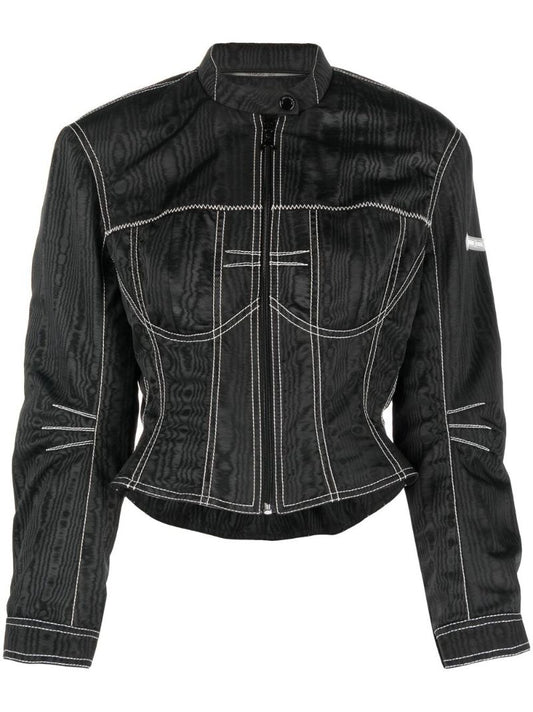 Black Topstitched MoirÃ_x0083_Â© Jacket