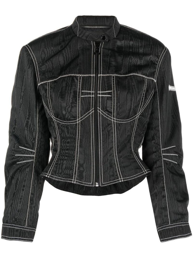 Black Topstitched MoirÃ_x0083_Â© Jacket