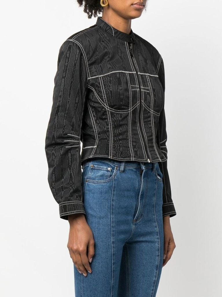 Black Topstitched MoirÃ_x0083_Â© Jacket