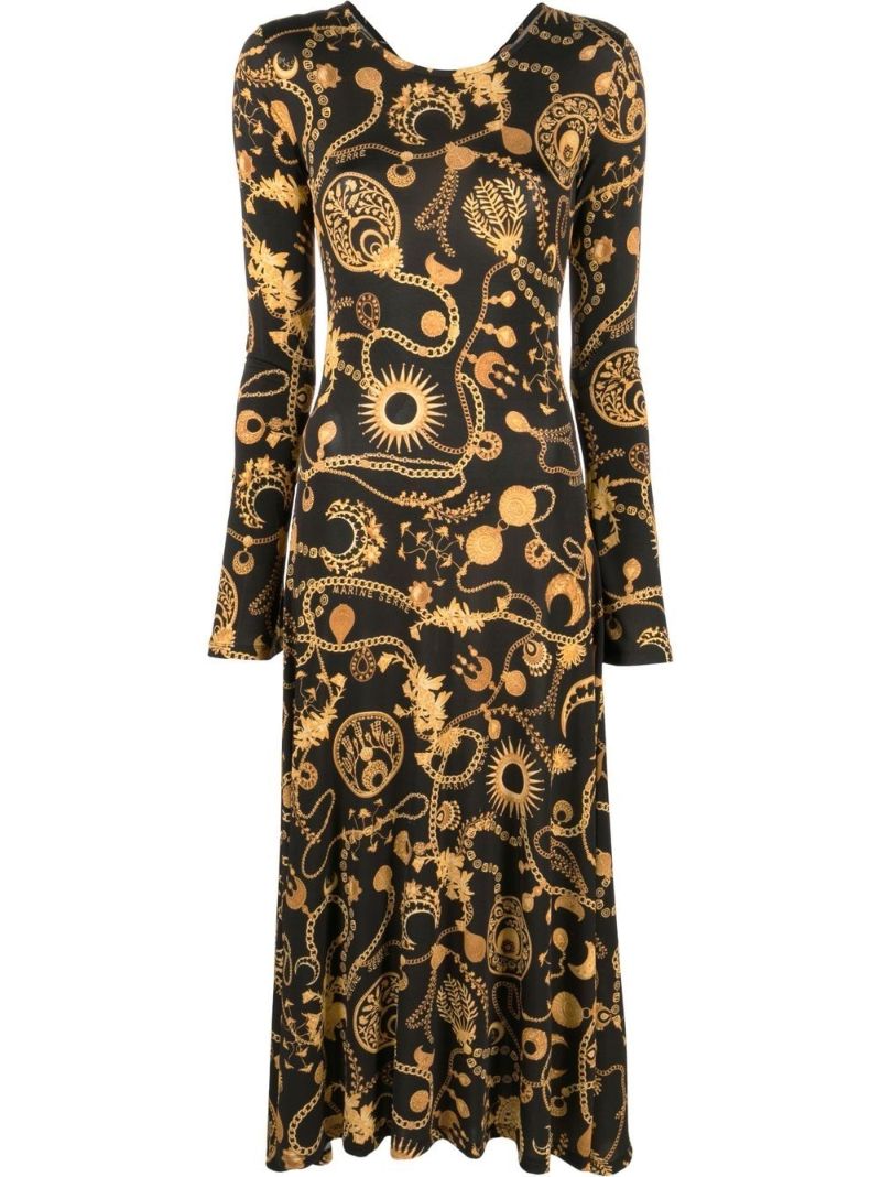 Black Ornament Jewellery Print Midi Dress