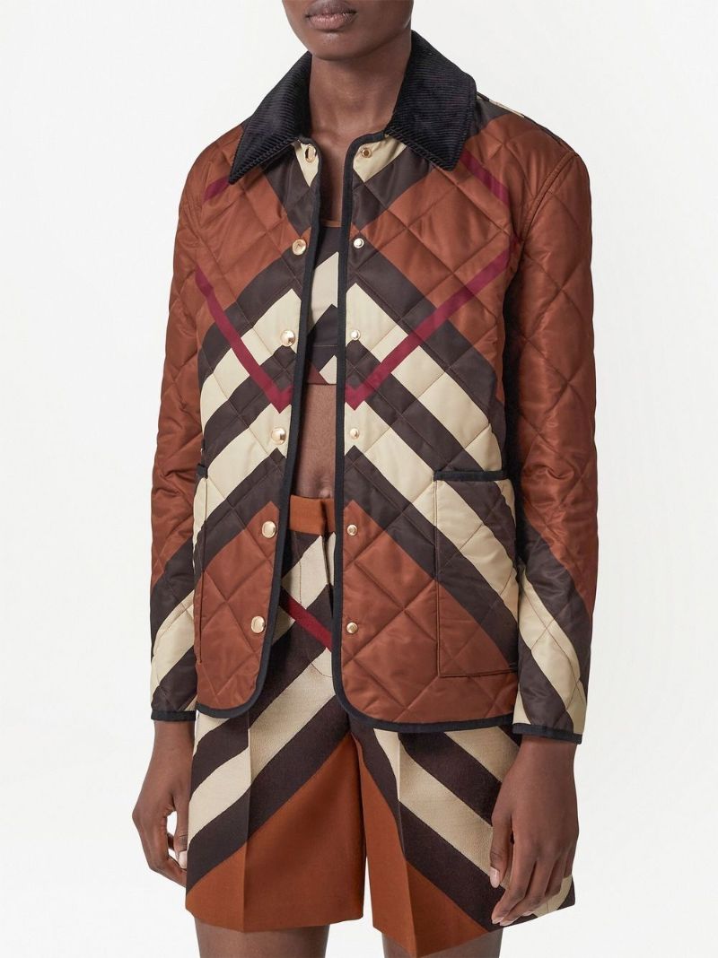 Brown Chevron Check Diamond Quilted Jacket