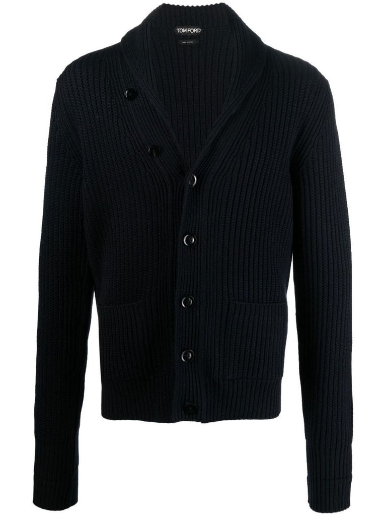 Blue Ribbed-knit Wool Cardigan