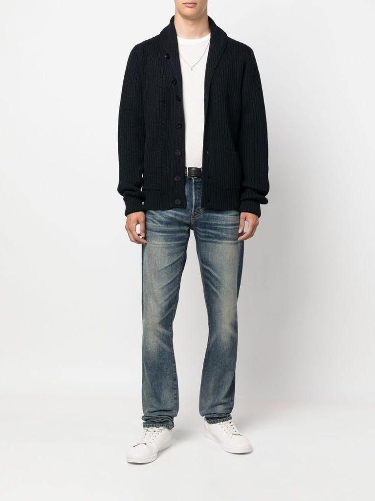 Blue Ribbed-knit Wool Cardigan
