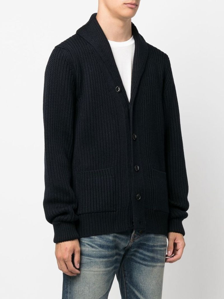 Blue Ribbed-knit Wool Cardigan