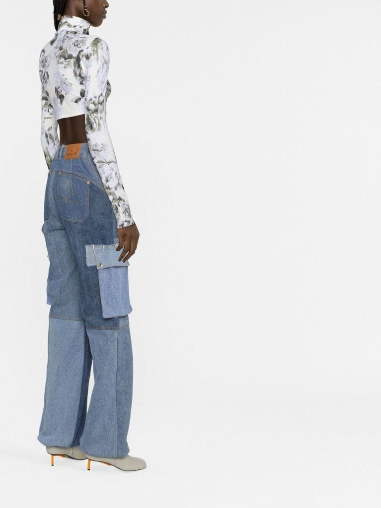 Blue Denim Panelled Cargo Jeans