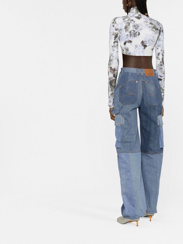 Blue Denim Panelled Cargo Jeans