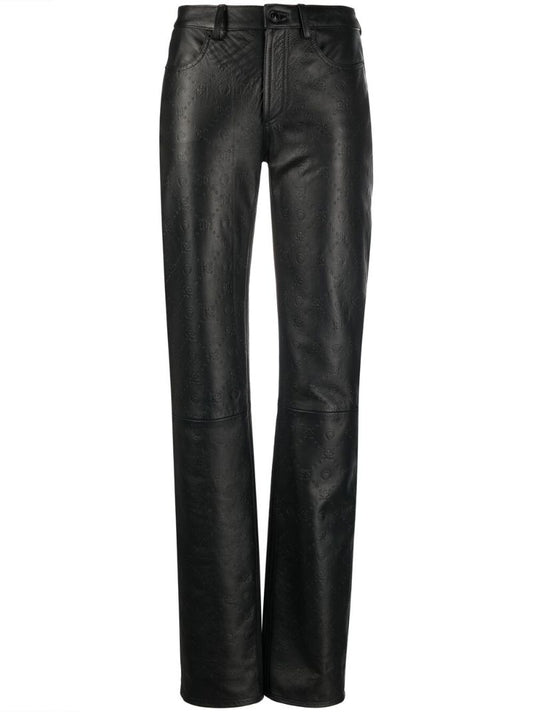 Black Embossed Logo Leather Trousers