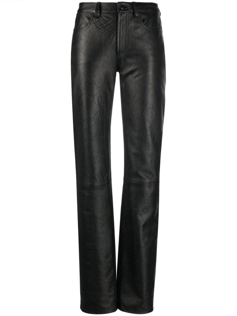 Black Embossed Logo Leather Trousers