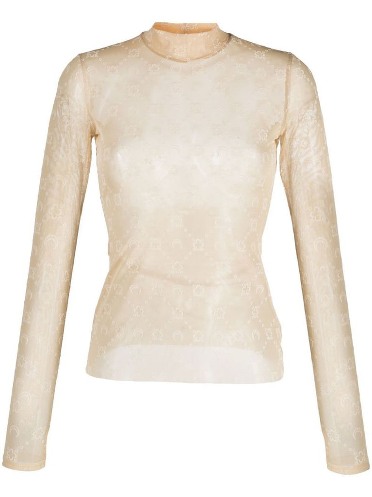 Neutral Second Skin Flocked Mesh Moonogram Top
