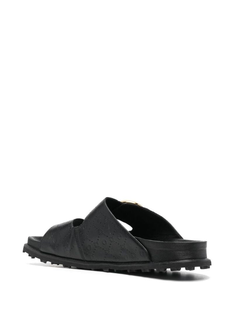 Black Logo Debossed Leather Sandals