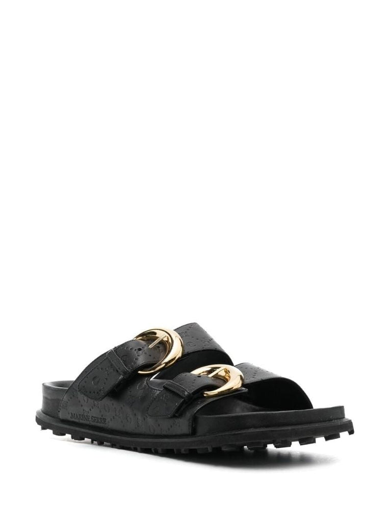 Black Logo Debossed Leather Sandals